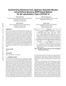 Summarizing Utterances from Japanese Assembly Minutes using Political
  Sentence-BERT-based Method for QA Lab-PoliInfo-2 Task of NTCIR-15