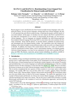 KINNEWS and KIRNEWS: Benchmarking Cross-Lingual Text Classification for
  Kinyarwanda and Kirundi