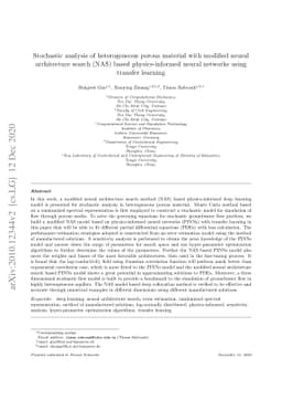 Stochastic analysis of heterogeneous porous material with modified
  neural architecture search (NAS) based physics-informed neural networks using
  transfer learning