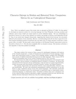 Character Entropy in Modern and Historical Texts: Comparison Metrics for
  an Undeciphered Manuscript