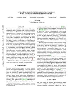 Streaming Simultaneous Speech Translation with Augmented Memory
  Transformer