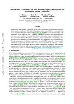 Dual-decoder Transformer for Joint Automatic Speech Recognition and
  Multilingual Speech Translation