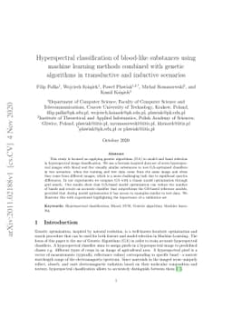 Hyperspectral classification of blood-like substances using machine
  learning methods combined with genetic algorithms in transductive and
  inductive scenarios