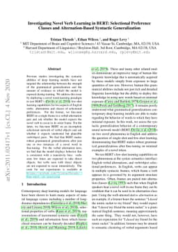 Investigating Novel Verb Learning in BERT: Selectional Preference
  Classes and Alternation-Based Syntactic Generalization