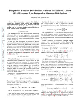 Independent Gaussian Distributions Minimize the Kullback-Leibler (KL)
  Divergence from Independent Gaussian Distributions