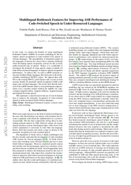 Multilingual Bottleneck Features for Improving ASR Performance of
  Code-Switched Speech in Under-Resourced Languages