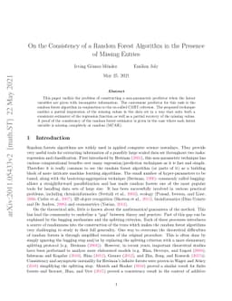 On the Consistency of a Random Forest Algorithm in the Presence of
  Missing Entries