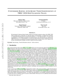 Conformer-Kernel with Query Term Independence at TREC 2020 Deep Learning
  Track