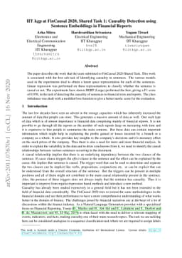 IIT_kgp at FinCausal 2020, Shared Task 1: Causality Detection using
  Sentence Embeddings in Financial Reports