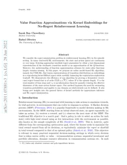 Value Function Approximations via Kernel Embeddings for No-Regret
  Reinforcement Learning