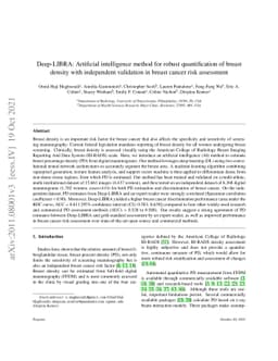 Deep-LIBRA: Artificial intelligence method for robust quantification of
  breast density with independent validation in breast cancer risk assessment