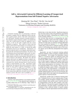 AdCo: Adversarial Contrast for Efficient Learning of Unsupervised
  Representations from Self-Trained Negative Adversaries