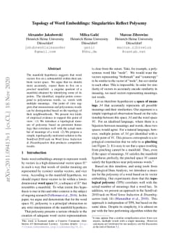 Topology of Word Embeddings: Singularities Reflect Polysemy