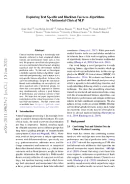 Exploring Text Specific and Blackbox Fairness Algorithms in Multimodal
  Clinical NLP