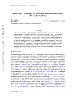 Primal-dual Learning for the Model-free Risk-constrained Linear
  Quadratic Regulator