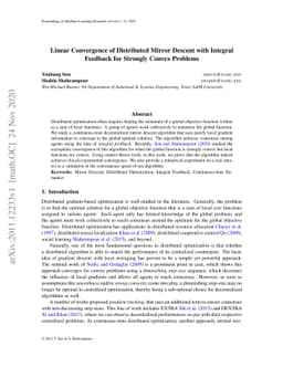 Linear Convergence of Distributed Mirror Descent with Integral Feedback
  for Strongly Convex Problems