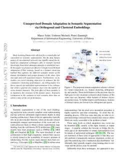 Unsupervised Domain Adaptation in Semantic Segmentation via Orthogonal
  and Clustered Embeddings