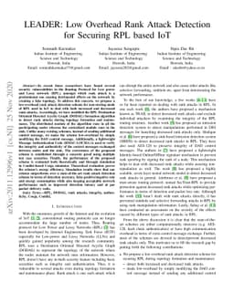 LEADER: Low Overhead Rank Attack Detection for Securing RPL based IoT
