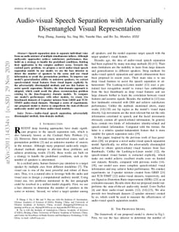 Audio-visual Speech Separation with Adversarially Disentangled Visual
  Representation