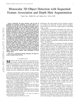 Monocular 3D Object Detection with Sequential Feature Association and
  Depth Hint Augmentation