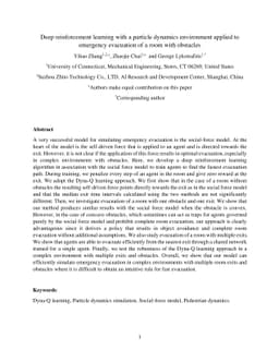 Deep reinforcement learning with a particle dynamics environment applied
  to emergency evacuation of a room with obstacles