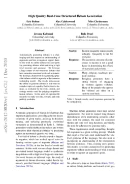 High Quality Real-Time Structured Debate Generation