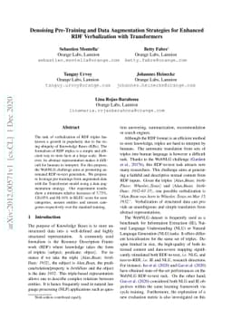 Denoising Pre-Training and Data Augmentation Strategies for Enhanced RDF
  Verbalization with Transformers