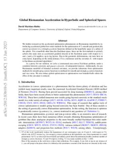 Global Riemannian Acceleration in Hyperbolic and Spherical Spaces