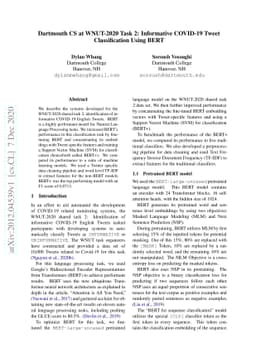 Dartmouth CS at WNUT-2020 Task 2: Informative COVID-19 Tweet
  Classification Using BERT