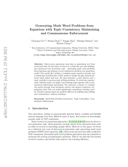 Generating Math Word Problems from Equations with Topic Controlling and
  Commonsense Enforcement
