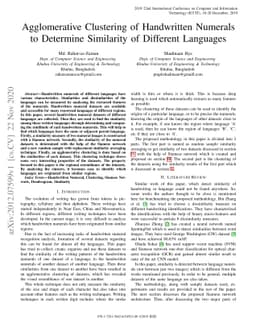Agglomerative Clustering of Handwritten Numerals to Determine Similarity
  of Different Languages