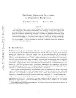 Distributed Wasserstein Barycenters via Displacement Interpolation