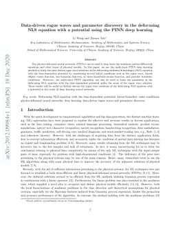 Data-driven rogue waves and parameter discovery in the defocusing NLS
  equation with a potential using the PINN deep learning