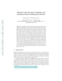 Should I visit this place? Inclusion and Exclusion Phrase Mining from
  Reviews