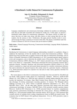 A Benchmark Arabic Dataset for Commonsense Explanation