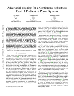 Adversarial Training for a Continuous Robustness Control Problem in
  Power Systems