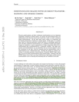 Disentangling images with Lie group transformations and sparse coding