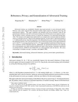 Robustness, Privacy, and Generalization of Adversarial Training