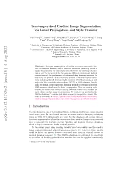 Semi-supervised Cardiac Image Segmentation via Label Propagation and
  Style Transfer
