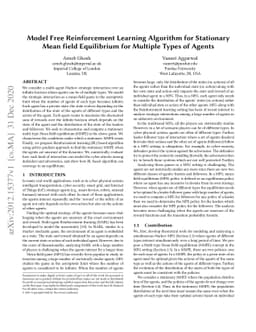 Model Free Reinforcement Learning Algorithm for Stationary Mean field
  Equilibrium for Multiple Types of Agents