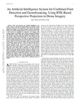 An Artificial Intelligence System for Combined Fruit Detection and
  Georeferencing, Using RTK-Based Perspective Projection in Drone Imagery