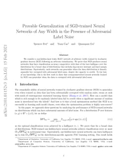 Provable Generalization of SGD-trained Neural Networks of Any Width in
  the Presence of Adversarial Label Noise