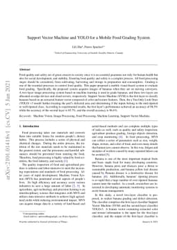 Support Vector Machine and YOLO for a Mobile Food Grading System