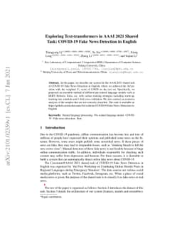 Exploring Text-transformers in AAAI 2021 Shared Task: COVID-19 Fake News
  Detection in English