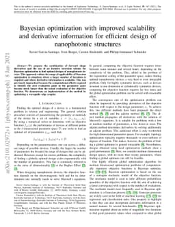 Bayesian optimization with improved scalability and derivative
  information for efficient design of nanophotonic structures