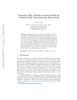 Constraint 2021: Machine Learning Models for COVID-19 Fake News
  Detection Shared Task