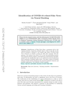 Identification of COVID-19 related Fake News via Neural Stacking