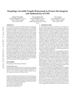 DeepiSign: Invisible Fragile Watermark to Protect the Integrityand
  Authenticity of CNN