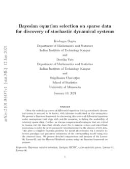 Bayesian equation selection on sparse data for discovery of stochastic
  dynamical systems