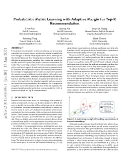Probabilistic Metric Learning with Adaptive Margin for Top-K
  Recommendation
